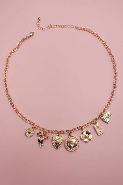 Preppy Charm Necklace Bow Love Heart Flower, croquette inspired design, wearable art jewelry, ideal gift for girlfriends