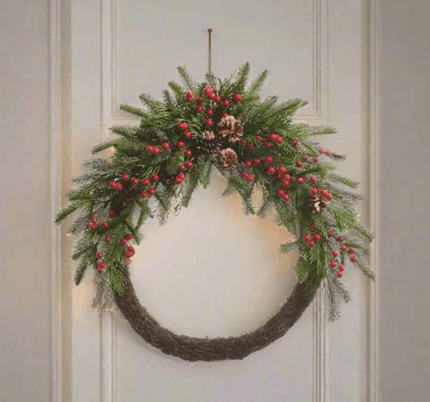 30" Red Berry and Pinecone Mixed Greenery Half Wreath - Nifty Decor & More