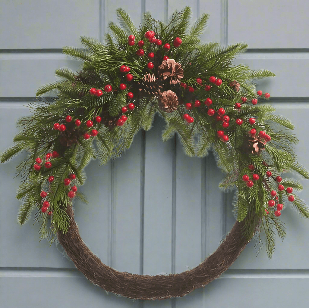 30" Red Berry and Pinecone Mixed Greenery Half Wreath - Nifty Decor & More