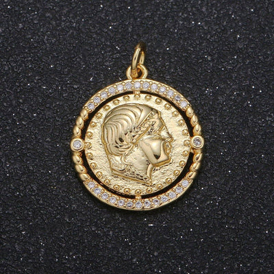 Golden Rustic Emperor Coin Charm CZ Dainty Micro Pave Geometric Round Medallion Charm Pendant GP-067