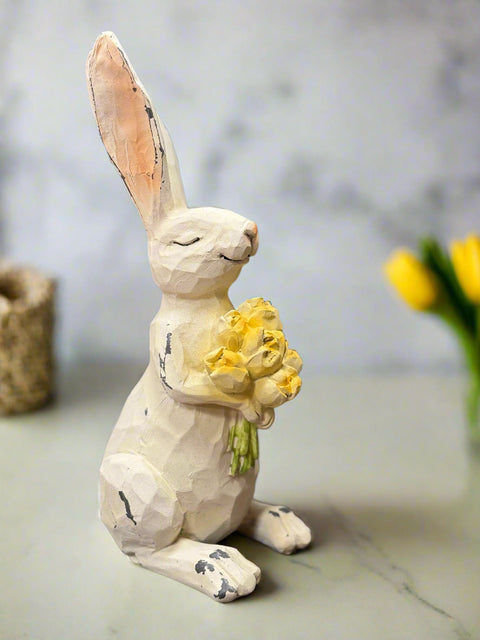 Noms Bunny With Yellow Tulips Resin Figurine | Cute Spring Decor & Gift for Rabbit Lovers | Collectible