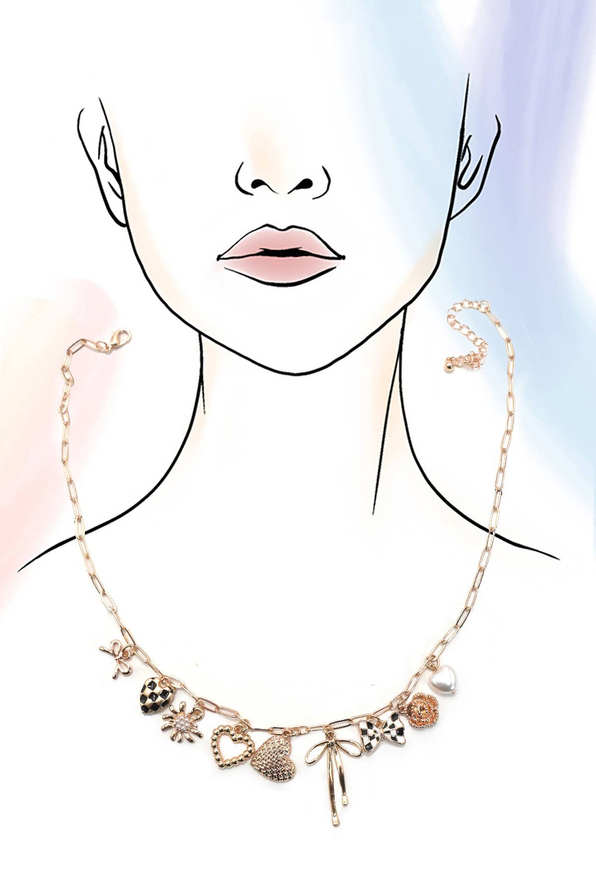 Bow Checker Heart Floral Charm Necklace