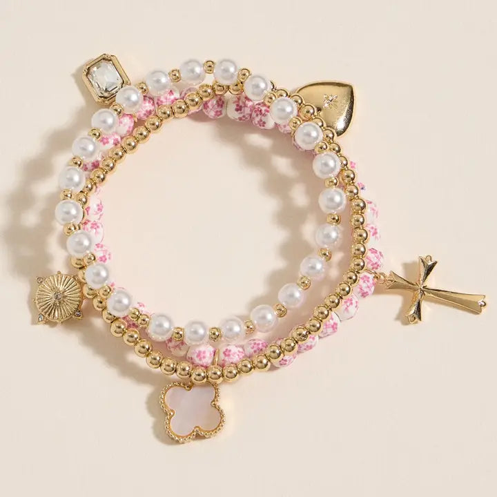 Floral Charm Stretch Bracelet Set