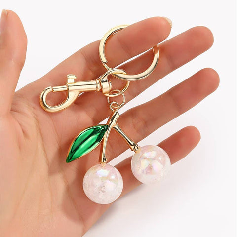 Pearlie Cherry Drop Keychain, Croquette Preppy Bag Charm with Leaf Accent, Stylish Purse Accessory, Gift for Her