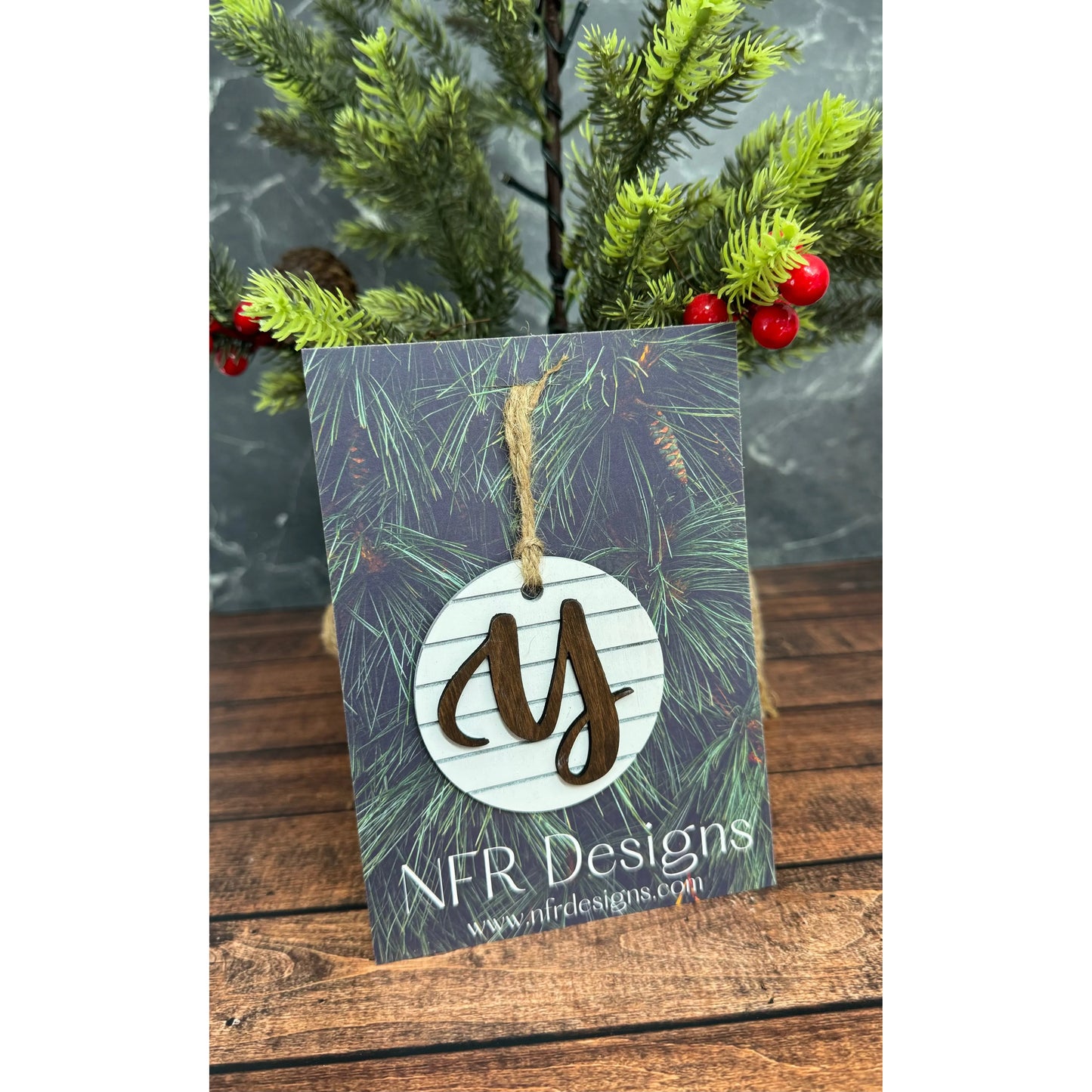 Shiplap Initial Christmas Ornament - Cursive Font Christmas Ornament Y - Cursive Dark letter/White backing 