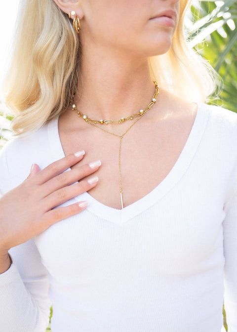 18K Gold PVD Steel Station Stone Paperclip Chain Necklace| 14" +02" Chain Necklace