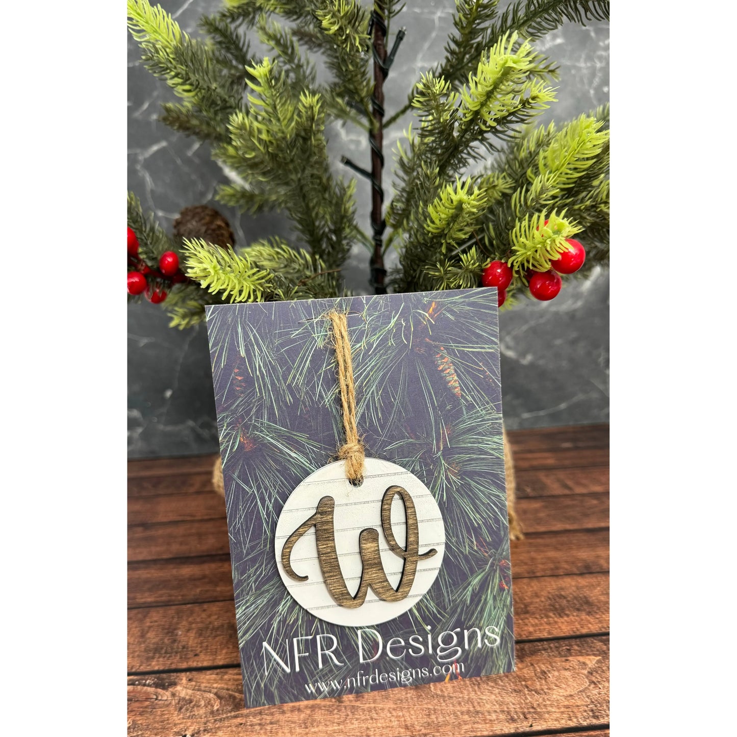Shiplap Initial Christmas Ornament - Cursive Font Christmas Ornament W - Cursive Dark letter/White backing 