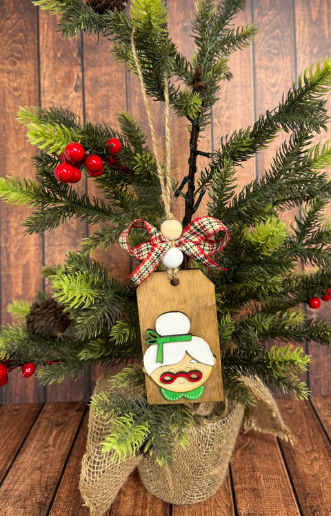 Jolly Ornament Tags  Mrs. Clause - Multi Green Bow  