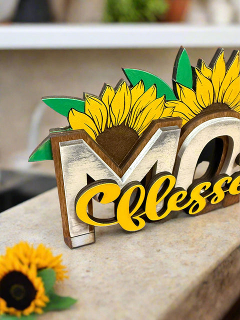 Blessed Mom Sign | Sunflower Farmhouse Decor | Rustic Home Sign | Gifts for Mom | Inspirational Decor for Her tabletop decor