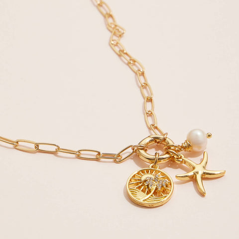 Starfish Charm Necklace with Delicate Pearl, Sea-Inspired Gold Dipped Necklace for Casual & Dressy Looks, Ideal Birthday Gift charm necklace