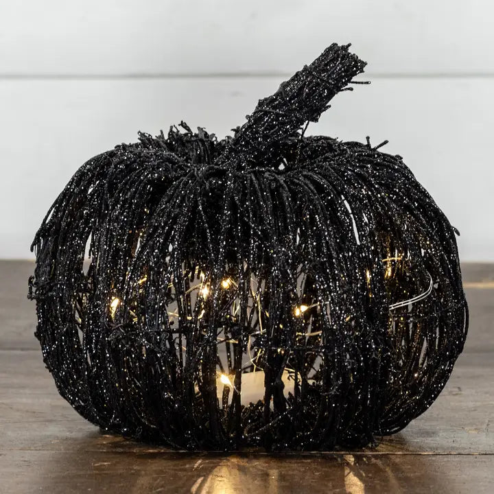 Lighted Black Glitter Rattan Pumpkin