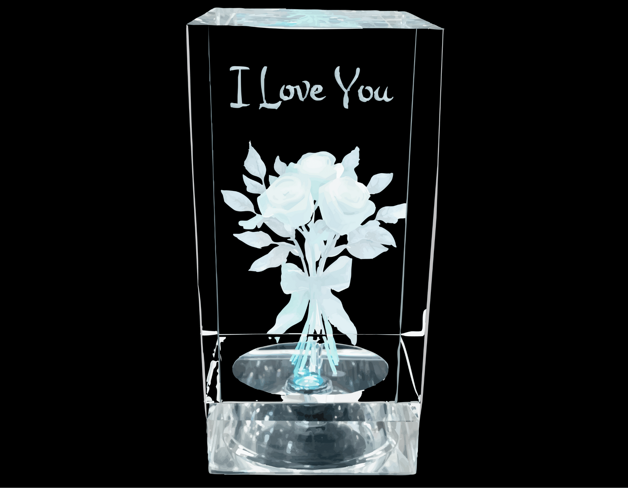 3D Engraved Crystal – “I Love You” Rose (Illuminated, Personalized) Valentine Shelf Sitter