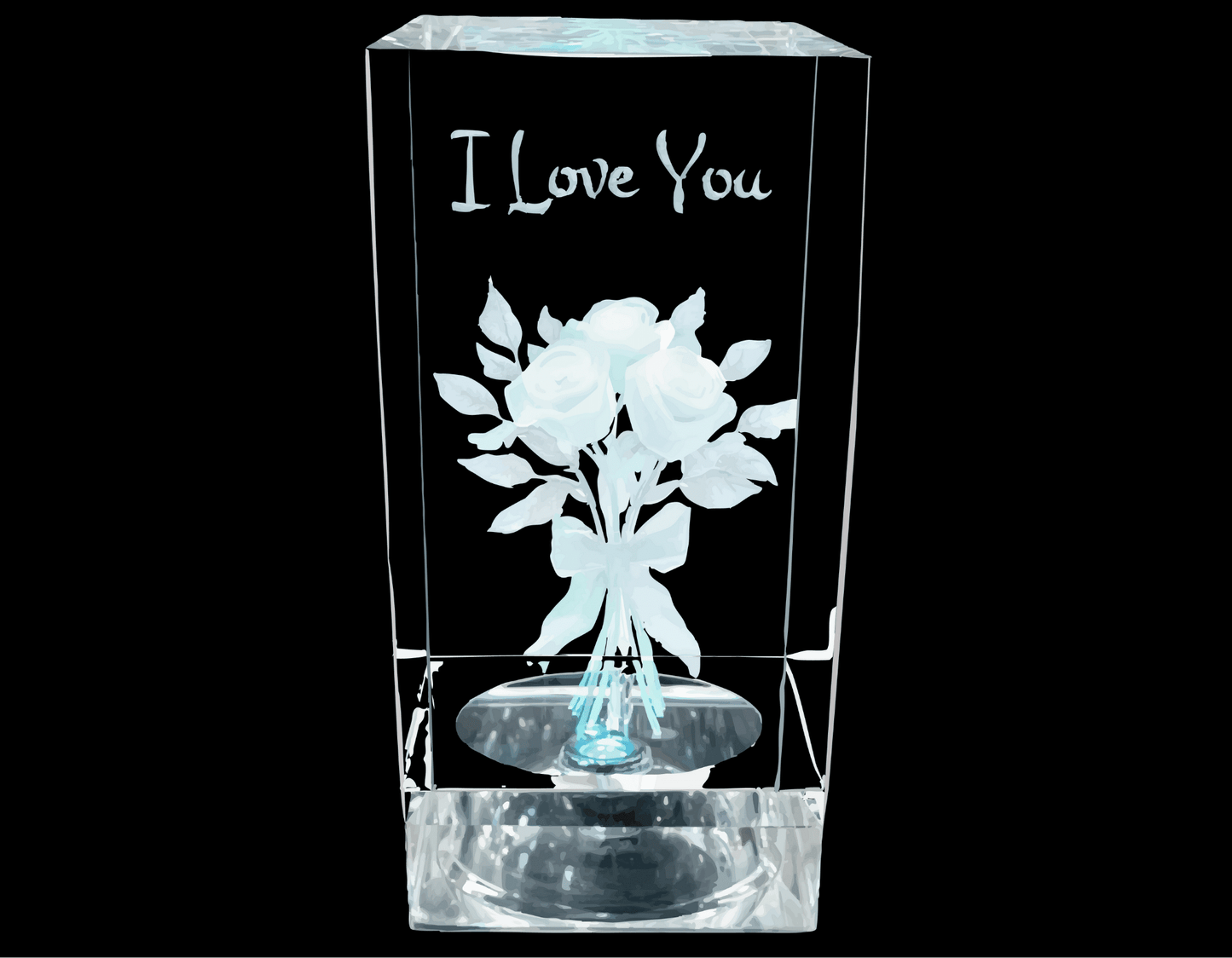 3D Engraved Crystal – “I Love You” Rose (Illuminated, Personalized) Valentine Shelf Sitter