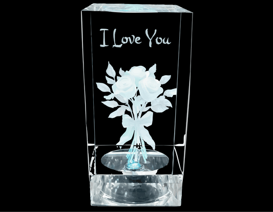 3D Engraved Crystal – “I Love You” Rose (Illuminated, Personalized) Valentine Shelf Sitter