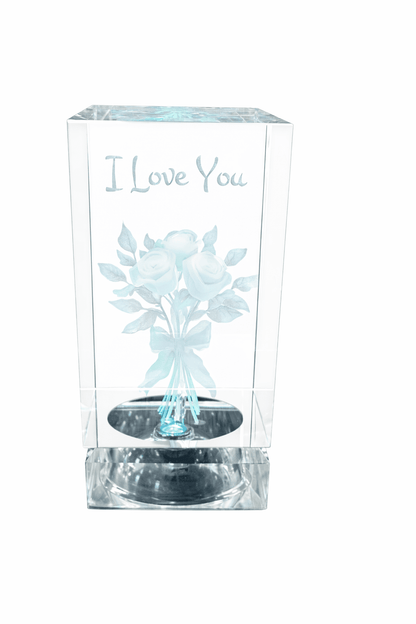 3D Engraved Crystal – “I Love You” Rose (Illuminated, Personalized) Valentine Shelf Sitter