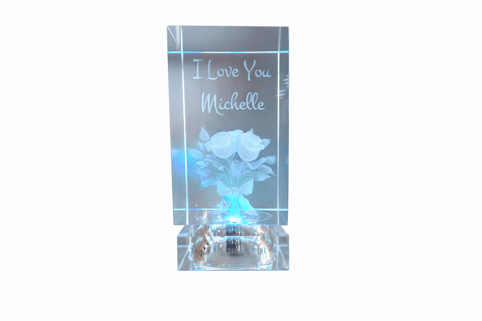 3D Engraved Crystal – “I Love You” Rose (Illuminated, Personalized) Valentine Shelf Sitter