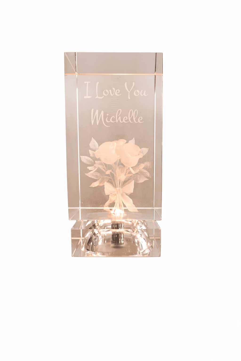 3D Engraved Crystal – “I Love You” Rose (Illuminated, Personalized) Valentine Shelf Sitter