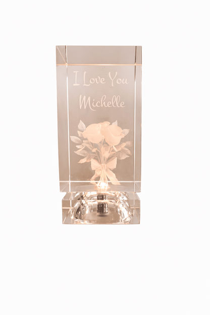 3D Engraved Crystal – “I Love You” Rose (Illuminated, Personalized) Valentine Shelf Sitter