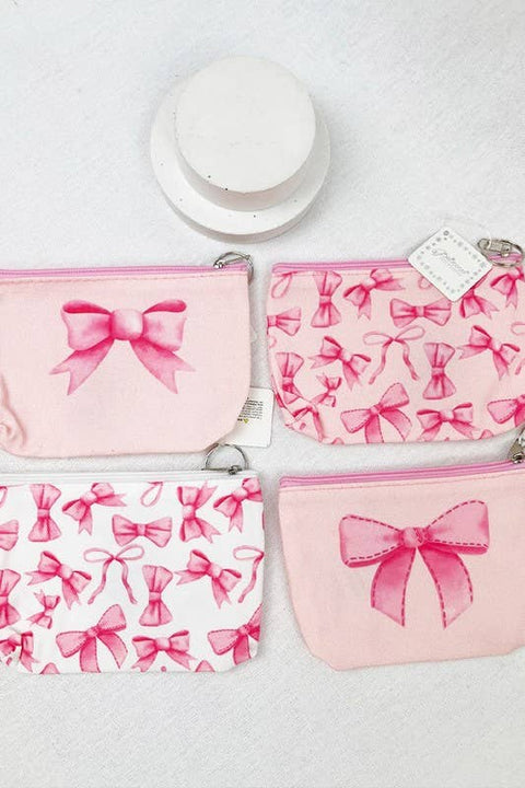 Bow Design Coin Purse, Stylish Pink Croquette Print Accessory, Perfect for Coins and Small Items, Gift for Preppy Style Lovers White Multi Bows