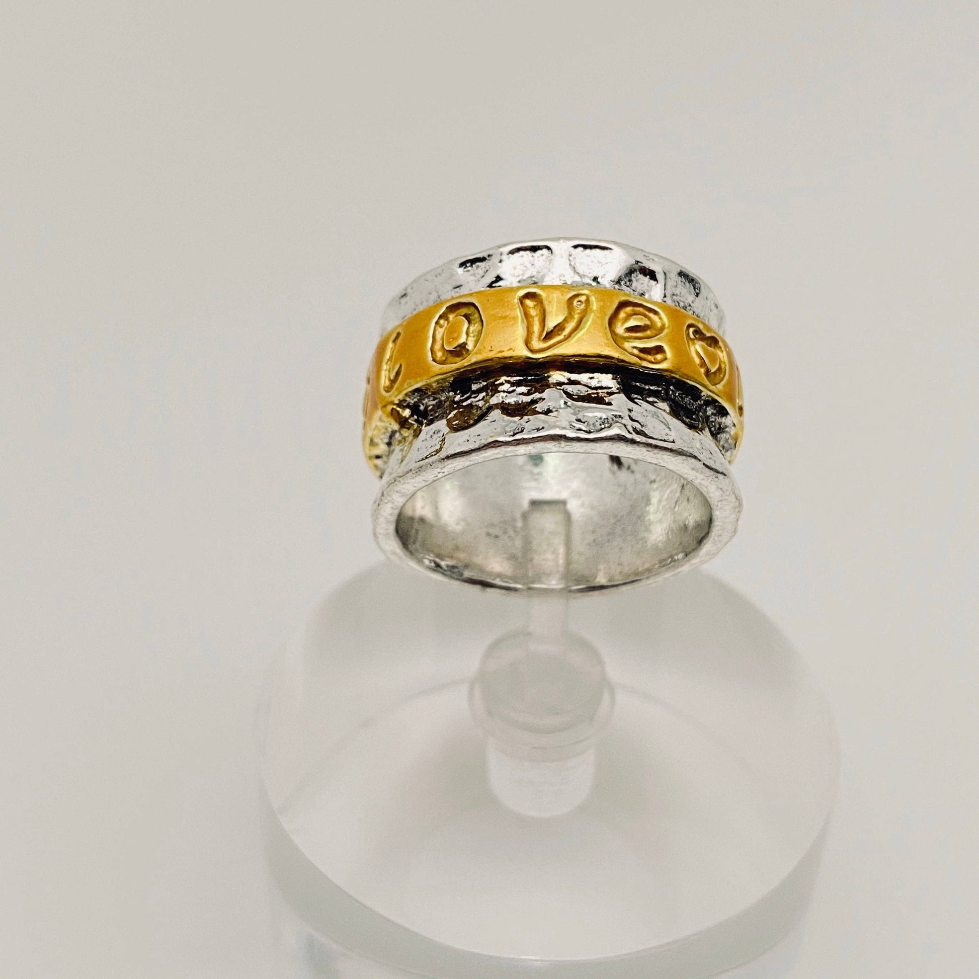 Love Spinner Ring – Two Tone Gold & Silver Engraved Band, Allergy-Free Alloy Ring, Meaningful Gift Jewelry Valentine Jewelry