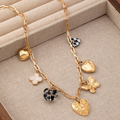 Hearts Checker Rhinestone Charm Necklace