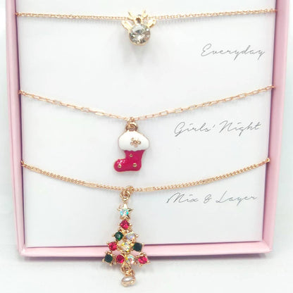 Christmas Charm Pendant Necklace 3pcs Gift Set RED One Size