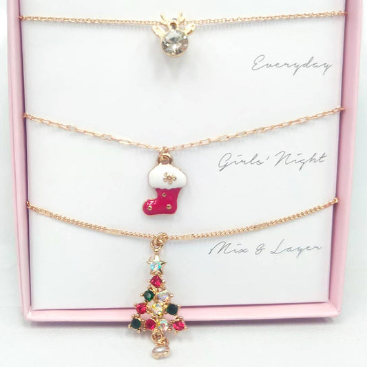 3pcs Christmas Charm Pendant Necklace Gift Set RED One Size
