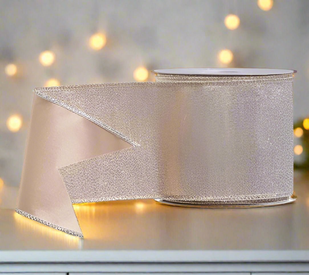 4" x 10 Yards Champagne Metallic Wired Ribbon - Luxury Shimmer Christmas Ribbon for Trees & Wreaths - Nifty Decor & More