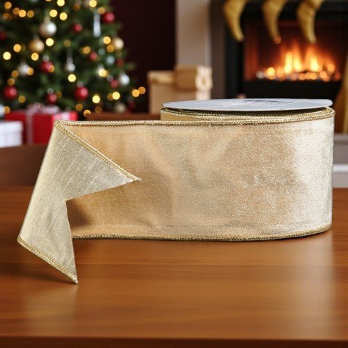 4" X 10 Yds Gold Velvet Wired Ribbon - RAZ - Nifty Decor & More