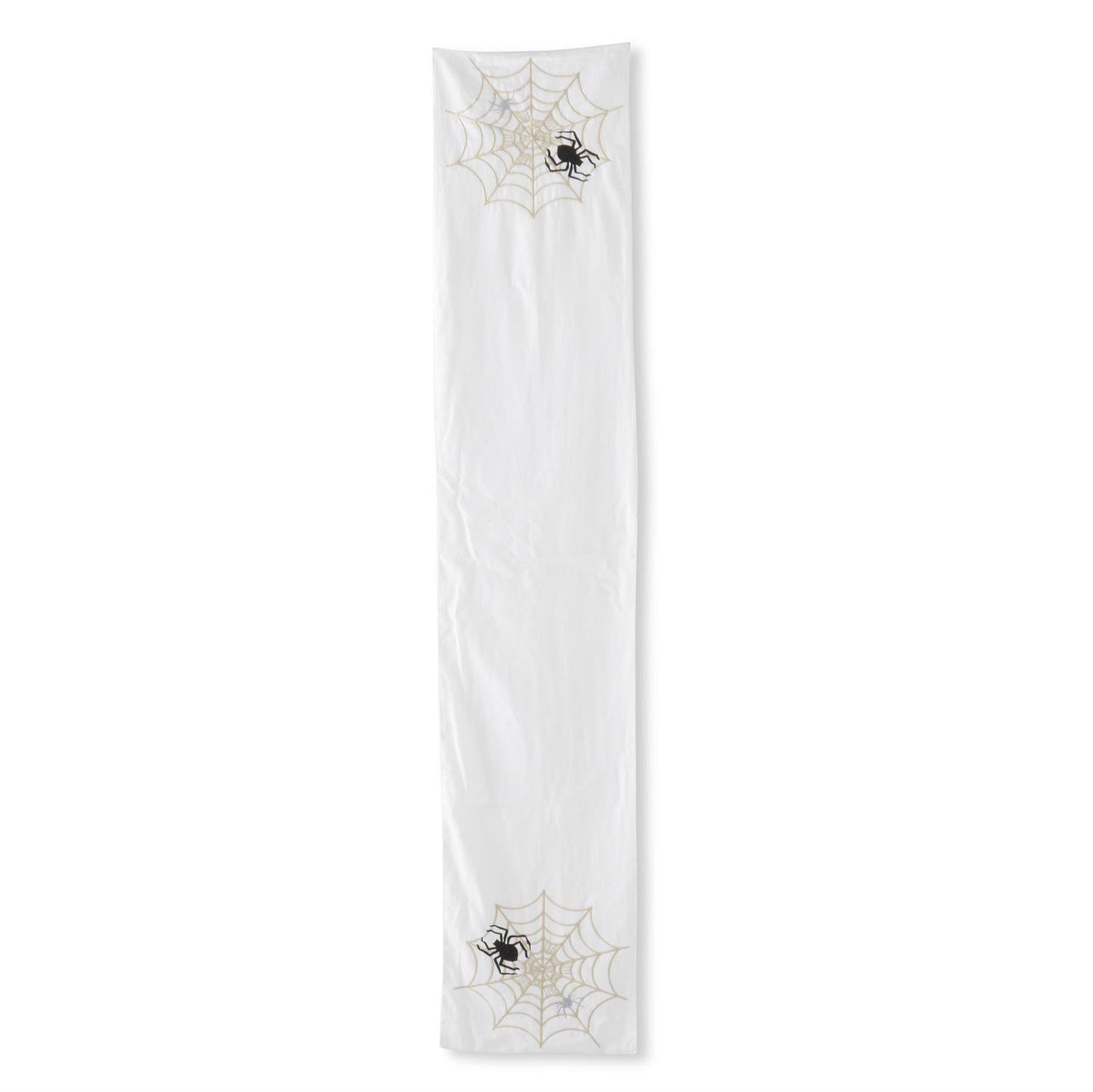 72 Inch White Halloween Table Runner w/Embroidered Spiders & Web