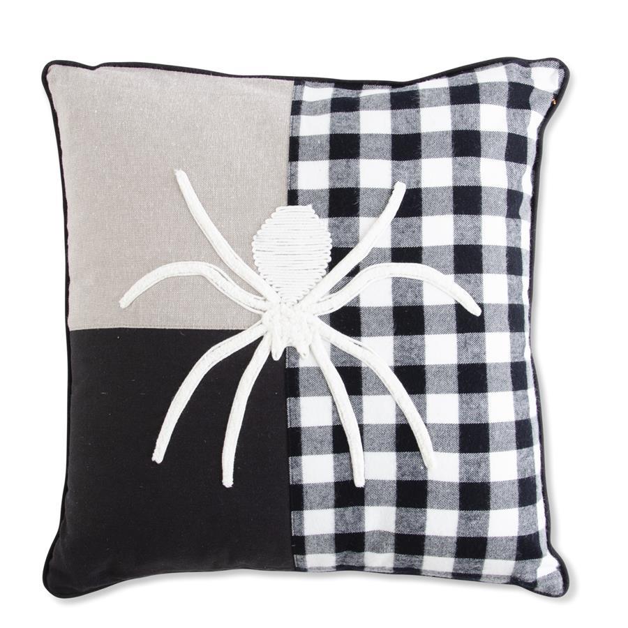 18 Inch Black Halloween Pillow w/White Embroidered Spider & Plaid