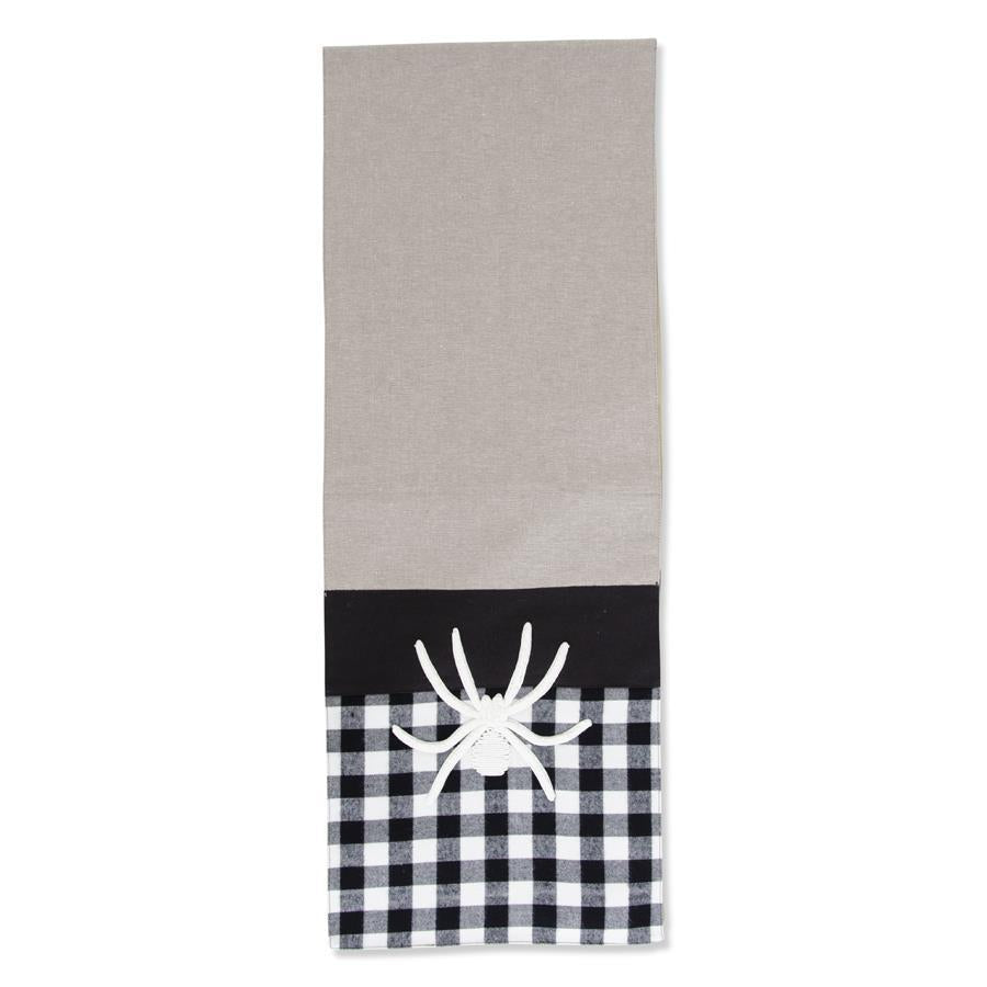 72 Inch Black Halloween Table Runner w/White Embroidered Spider & Plaid