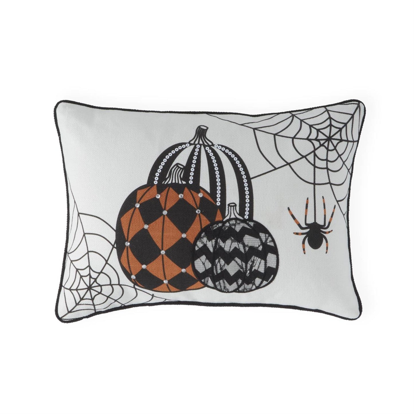 Decorative pillow with Halloween-themed design featuring pumpkins and a spider on a gray background.
