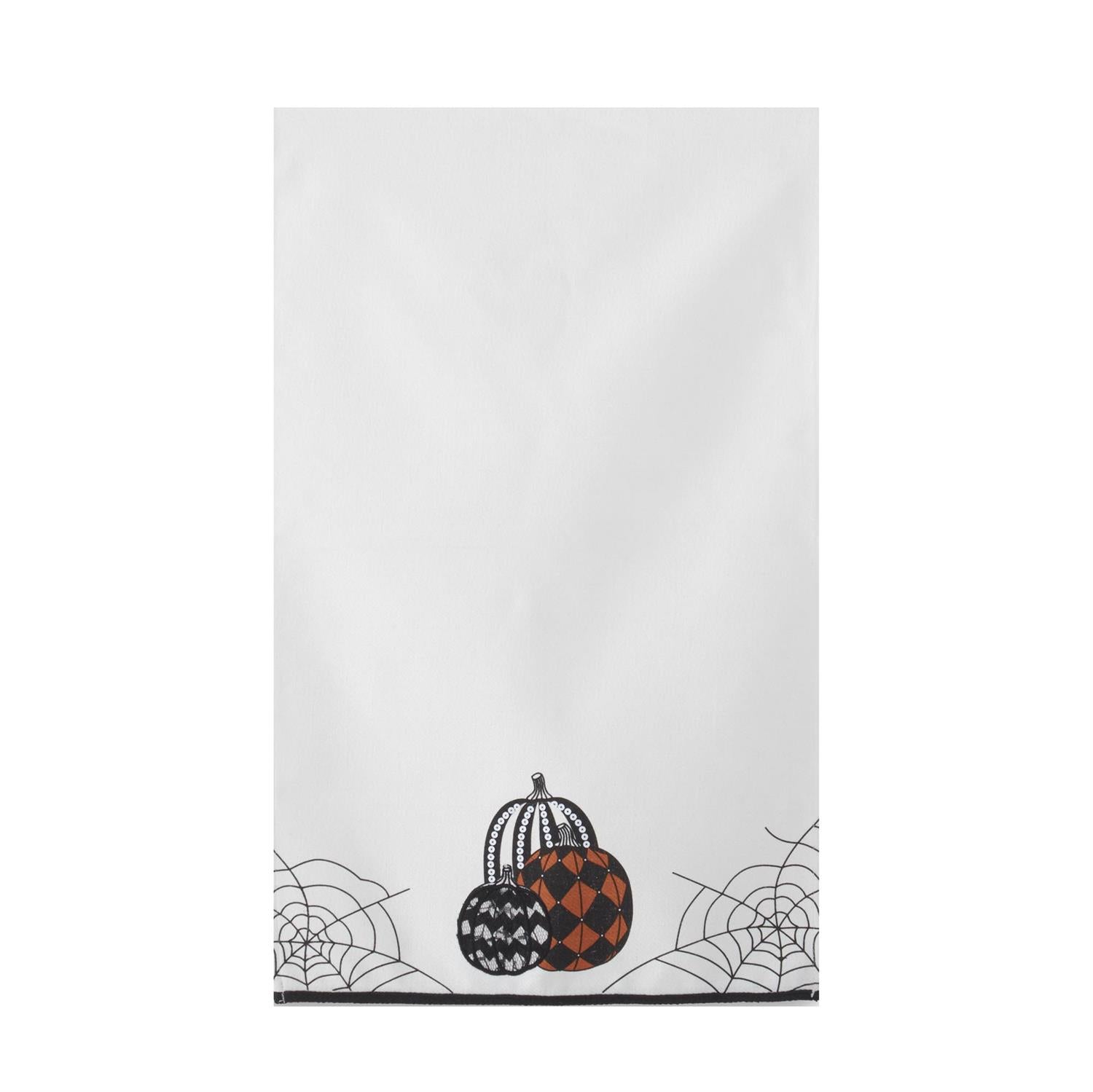 A white kitchen towel featuring a Halloween design at the bottom with two patterned pumpkins and spiderwebs.