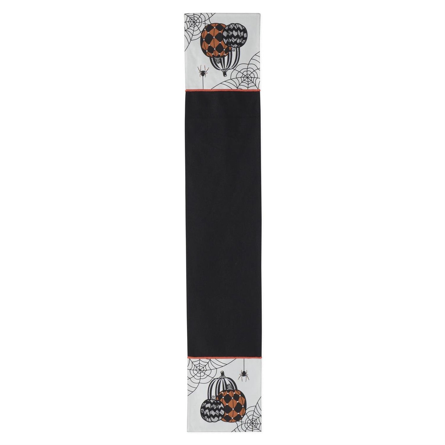 Halloween-themed table runner with pumpkins and cobwebs on a black background