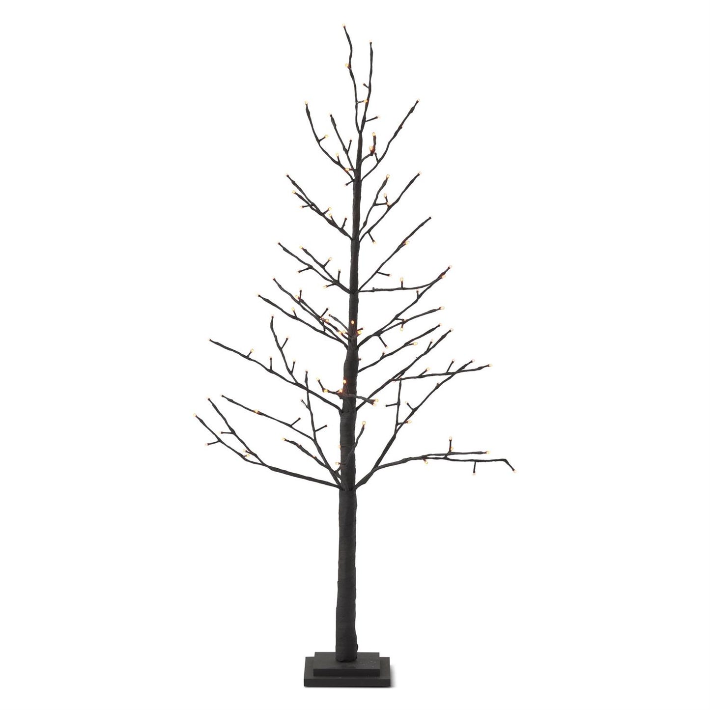 A bare artificial tree with a dark brown trunk and branches, featuring small warm orange-brown buds along the branches, standing on a square black base 