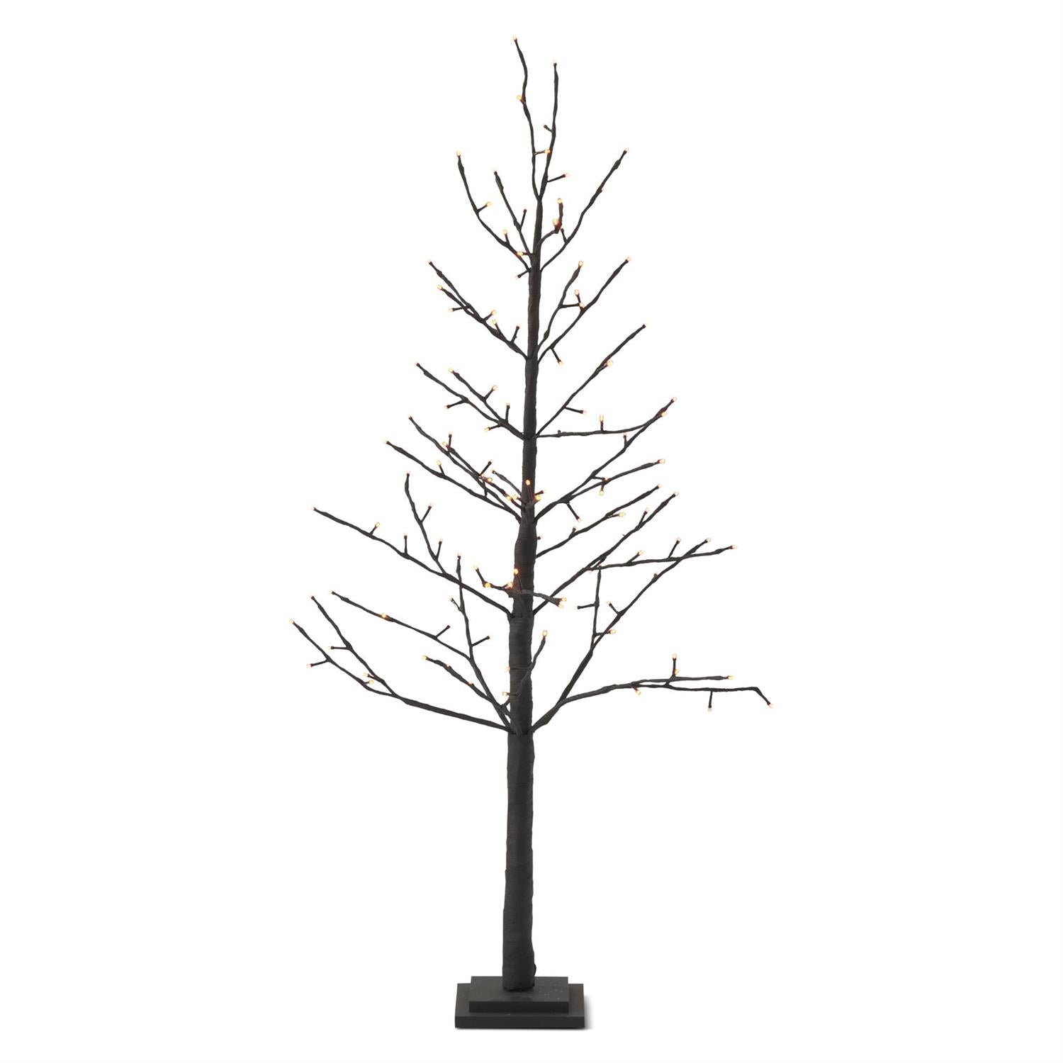 A bare artificial tree with a dark brown trunk and branches, featuring small warm orange-brown buds along the branches, standing on a square black base 