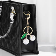 Pearlie Cherry Drop Keychain, Croquette Preppy Bag Charm with Leaf Accent, Stylish Purse Accessory, Gift for Her