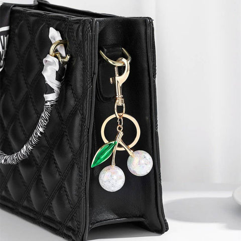 Pearlie Cherry Drop Keychain, Croquette Preppy Bag Charm with Leaf Accent, Stylish Purse Accessory, Gift for Her