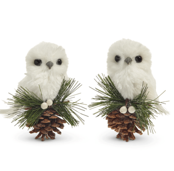 4.5" White Owl on Pinecone christmas accent piece