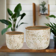 Taupe Floral Cache Pots - 8" Decorative Planters for Home, Eco-Friendly, Stylish Plant Containers & Unique Home Decor