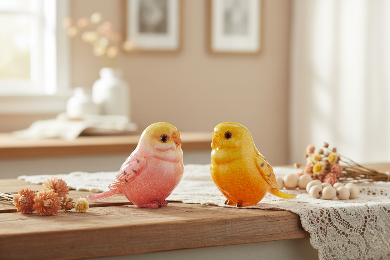 4" Sitting Pink Yellow Parakeets