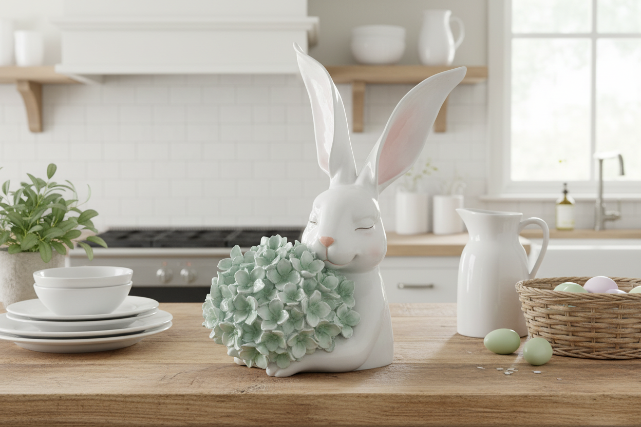 10.5" Bunny With Green Hydrangea Bunny figurine