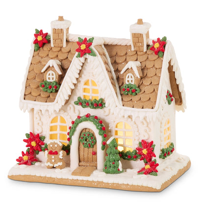 10" Lighted Poinsettia Gingerbread House