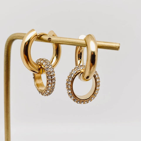Circular Huggie Earrings 18K Gold Plated with CZ Inlay, Dazzling Statement Jewelry for Women, Chic Gift Idea