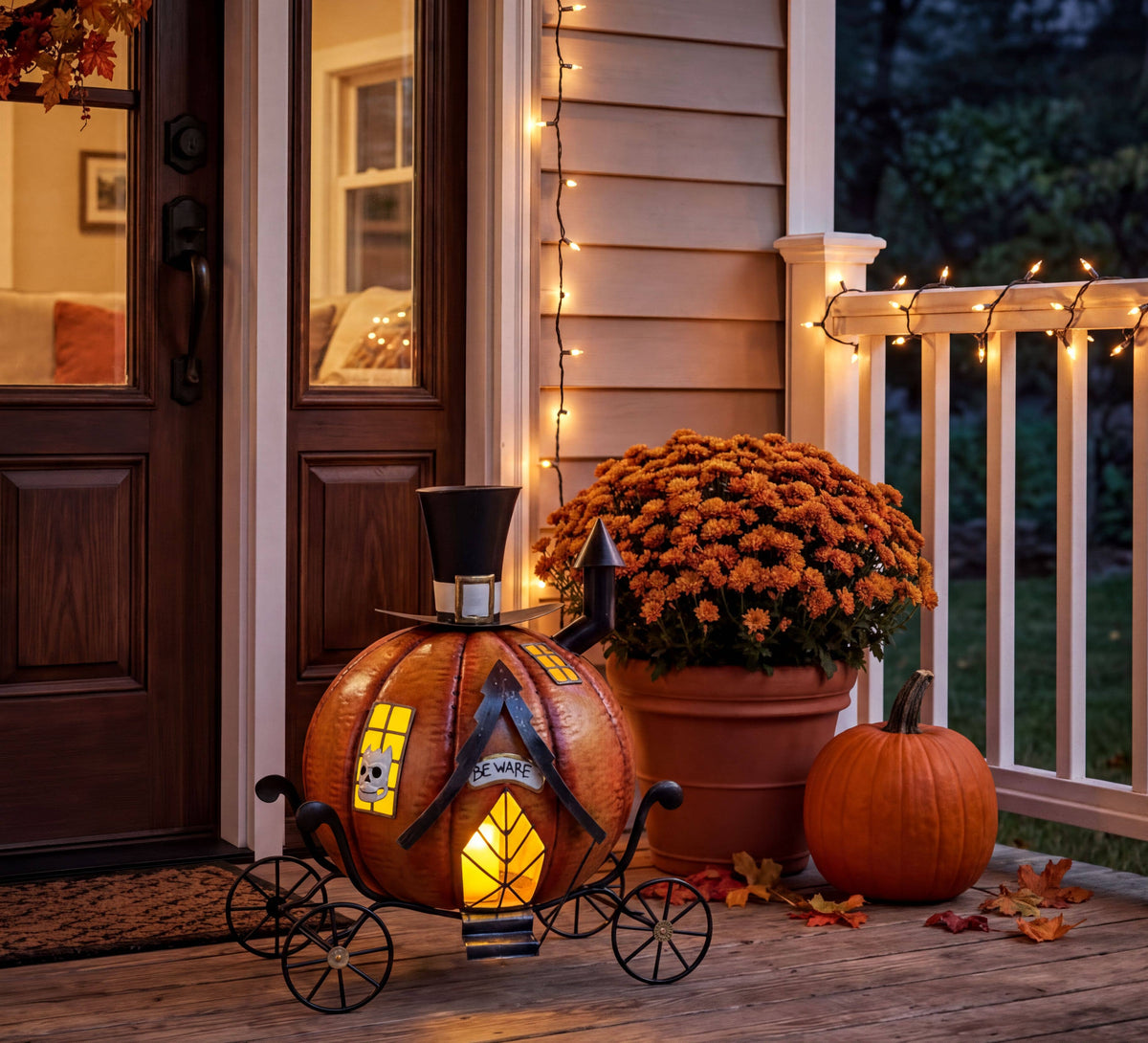 Metal Halloween Pumpkin Carriage w/ Battery Power LED Lights