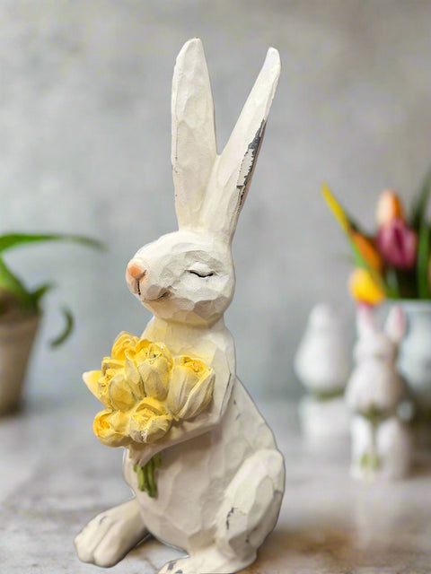 Noms Bunny With Yellow Tulips Resin Figurine | Cute Spring Decor & Gift for Rabbit Lovers | Collectible