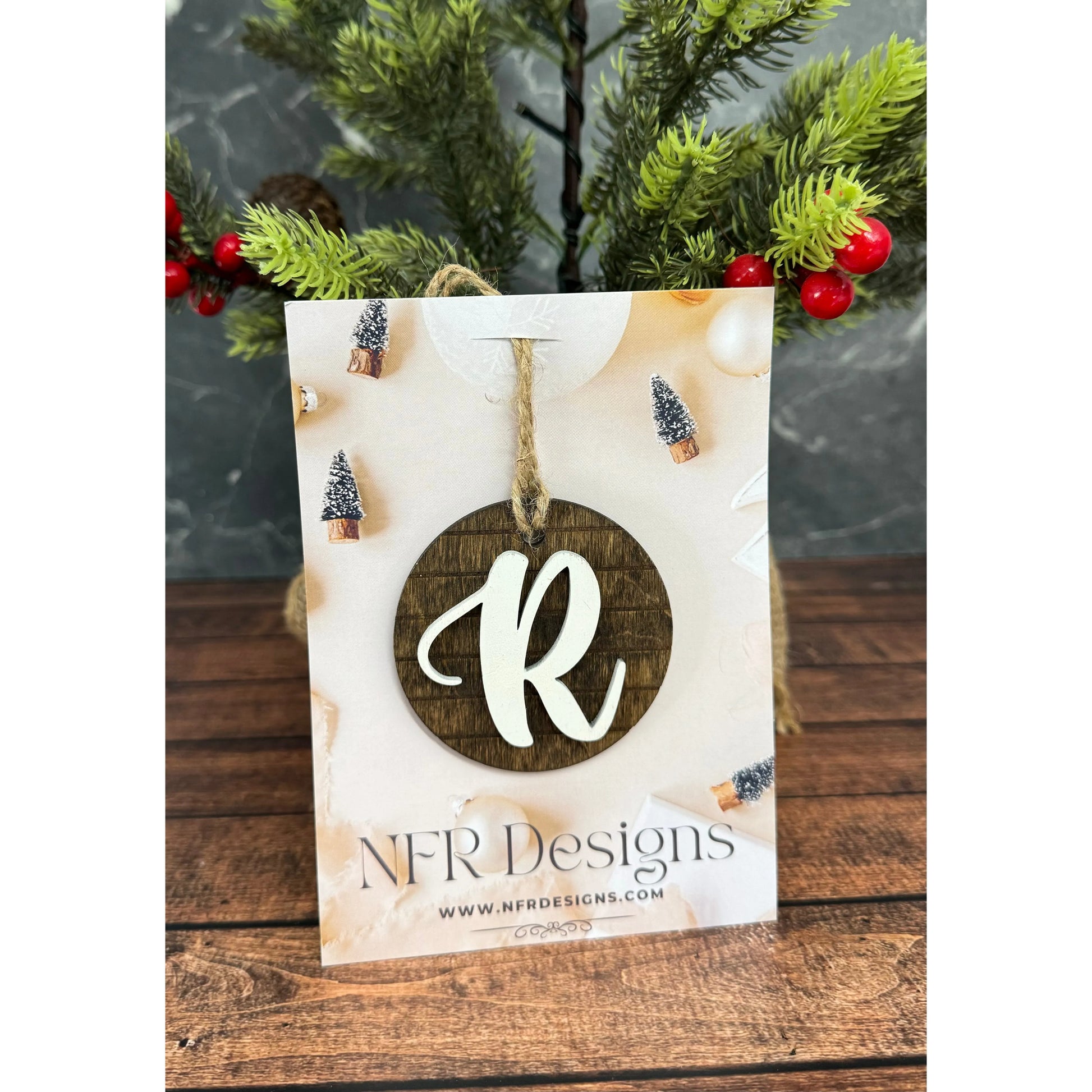Shiplap Initial Christmas Ornament - Cursive Font Christmas Ornament   