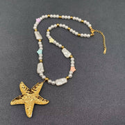 Starfish Charm Beaded Necklace, 18K Gold Plated Enamel Beachwear Jewelry, Gift for Her Sun-Kissed Style Vibes charm necklace