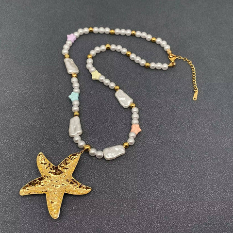 Starfish Charm Beaded Necklace, 18K Gold Plated Enamel Beachwear Jewelry, Gift for Her Sun-Kissed Style Vibes charm necklace